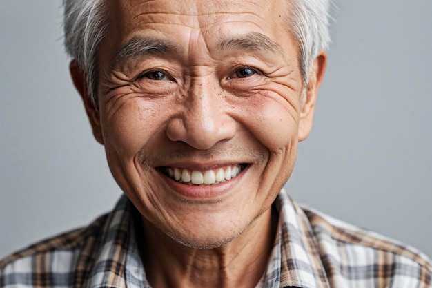 Foto retrato de halfface de un anciano asiático con una sonrisa dentada