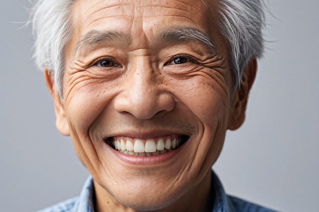 Foto retrato de halfface de un anciano asiático con una sonrisa dentada