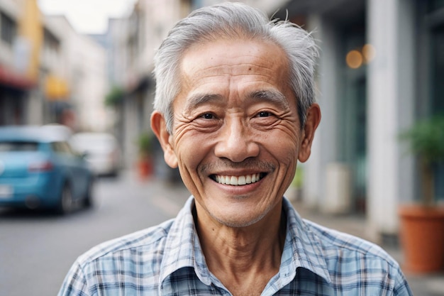 Foto retrato de halfface de un anciano asiático con una sonrisa dentada