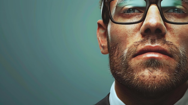 Retrato de Halfface de un hombre con gafas tiene una barba corta y una expresión seria en el rostro