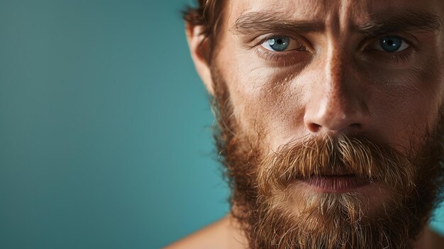 Foto retrato de halfface de un hombre guapo con ojos azules cabello marrón y barba el hombre está mirando a la cámara con una expresión seria