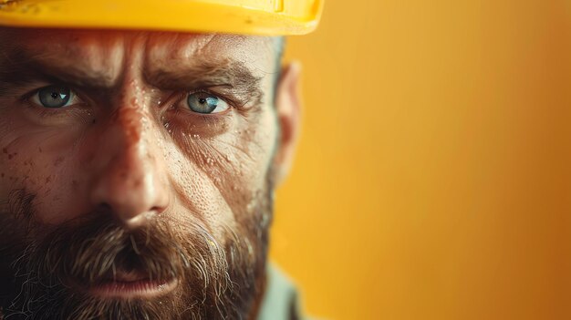 Retrato de Halfface de un trabajador de la construcción con un sombrero fuerte mirando a la cámara con una expresión intensa