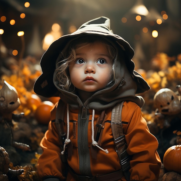 Retrato de Halloween de un bebé con calabaza y luces