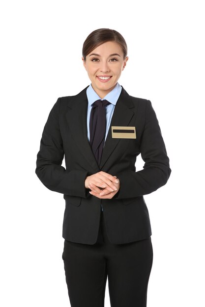 retrato, de, hembra, recepcionista, blanco, plano de fondo
