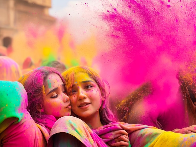 retrato de las hermanas pintado en los colores de Holi