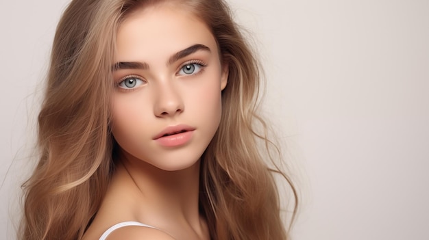 Retrato de una hermosa adolescente con cabello castaño ojos azules expresión facial ingenua belleza natural con piel brillante saludable publicidad de cosméticos perfumes