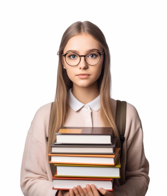 Retrato de una hermosa adolescente caucásica con libros en la mano concepto de educación sobre un fondo blanco