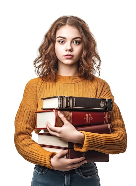 Retrato de una hermosa adolescente caucásica con libros en la mano