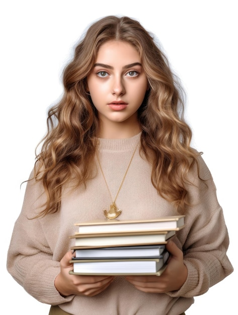 Retrato de una hermosa adolescente caucásica con libros en la mano