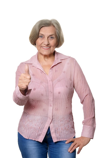 Foto retrato de una hermosa anciana feliz