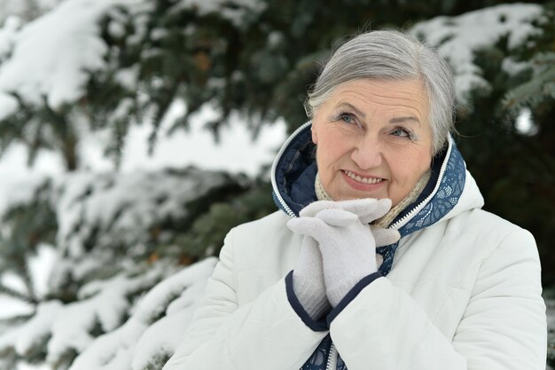 Retrato de una hermosa anciana en el invierno