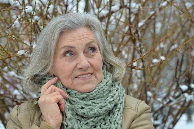 Retrato de una hermosa anciana en el invierno