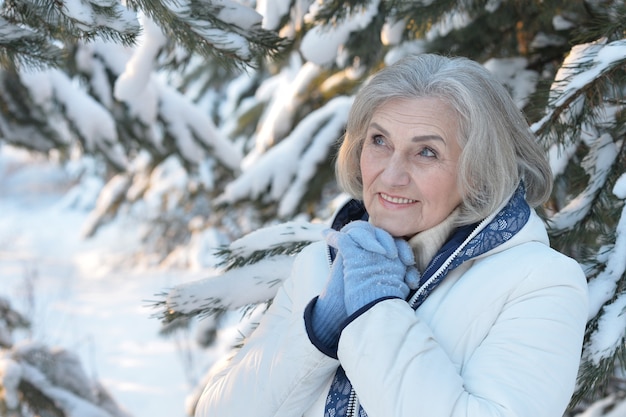 Retrato de una hermosa anciana en el invierno