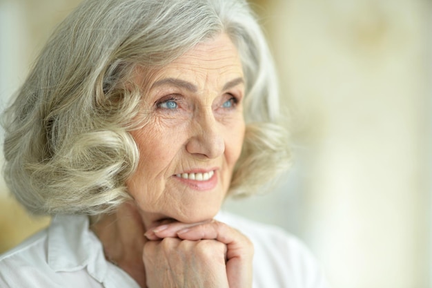 Retrato de una hermosa anciana sonriente posando en casa