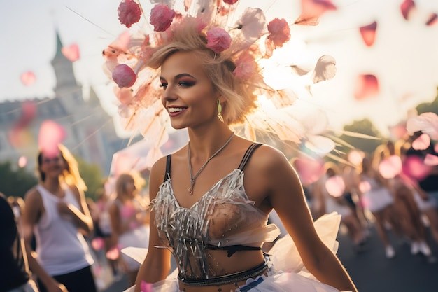 Retrato de una hermosa bailarina en el festival EDM de año nuevo