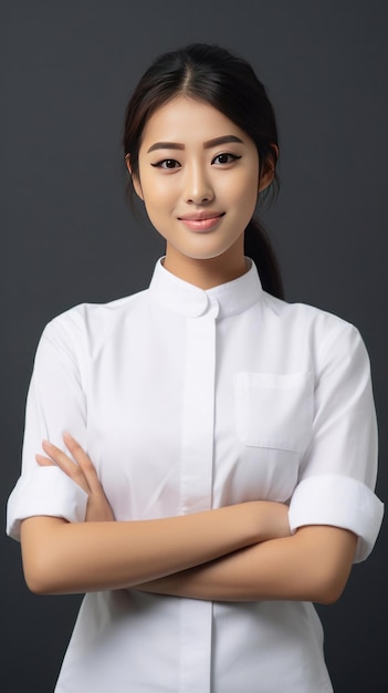Retrato de una hermosa camarera asiática con camisas blancas mientras mira felizmente a la cámara con los brazos cruzados sobre un fondo blanco