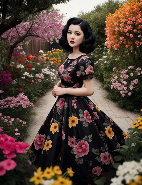 Retrato de la hermosa cara de una mujer joven sonriente con el pelo largo y negro dentro de un jardín