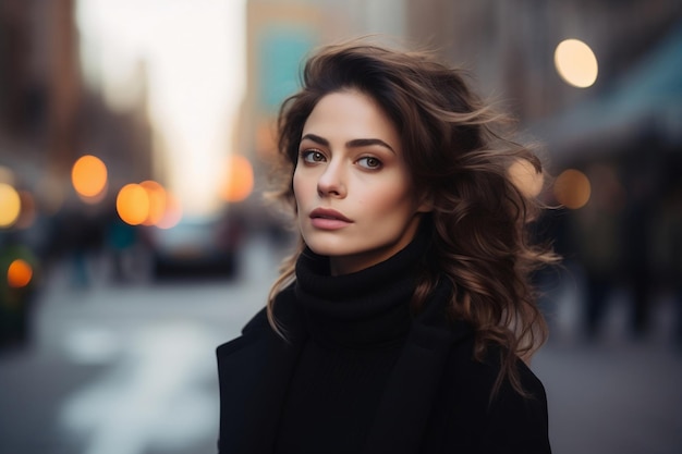 Retrato de una hermosa chica con un abrigo negro en la calle