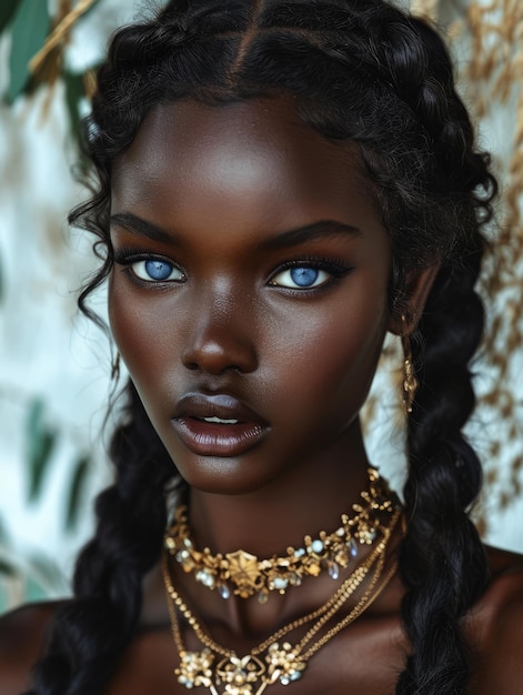 Retrato de una hermosa chica africana joven mujer negra hermosa piel bien cuidada joyas nacionales y ojos azules