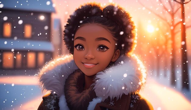 Retrato de una hermosa chica afroamericana con un abrigo de piel en el fondo de un paisaje de invierno