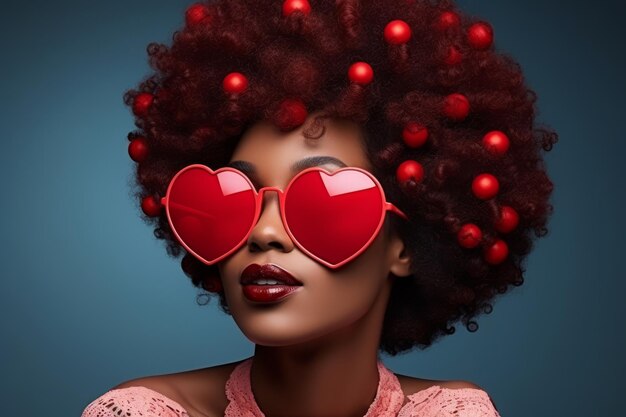 Retrato de una hermosa chica afroamericana con gafas de sol a la moda en forma de corazón y corazones en su cabello Modelo negro encantador con maquillaje perfecto Símbolo de amor y pasión Concepto del Día de San Valentín
