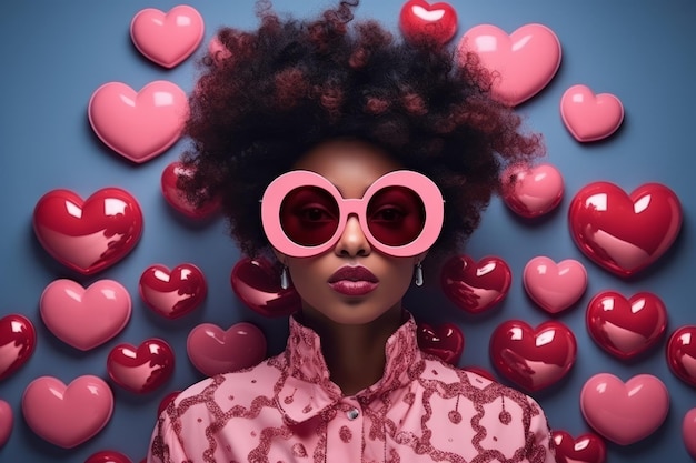 Retrato de una hermosa chica afroamericana con ropa rosa gafas de sol rosas en el fondo azul con corazones rosados Modelo negro encantador con maquillaje perfecto Símbolo de amor Concepto del Día de San Valentín