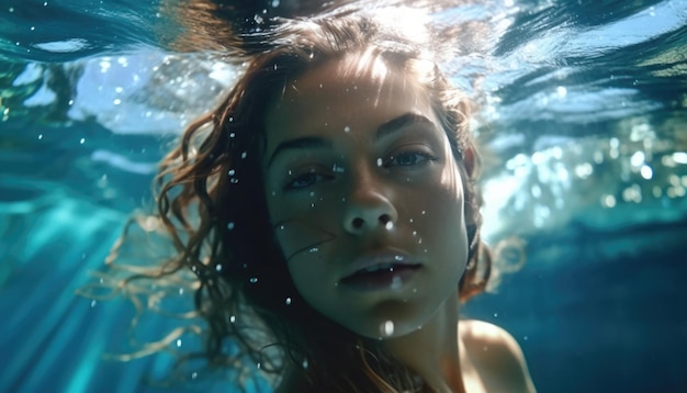 retrato de una hermosa chica bajo el agua de cerca