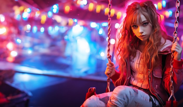 Retrato de una hermosa chica asiática en un columpio en un club nocturno
