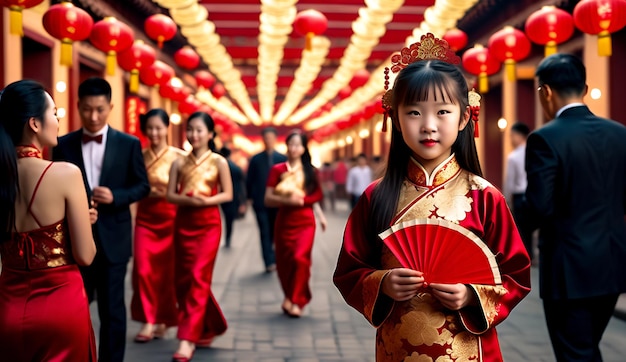 Foto retrato de una hermosa chica asiática en la víspera del año nuevo chino en traje tradicional y angpao