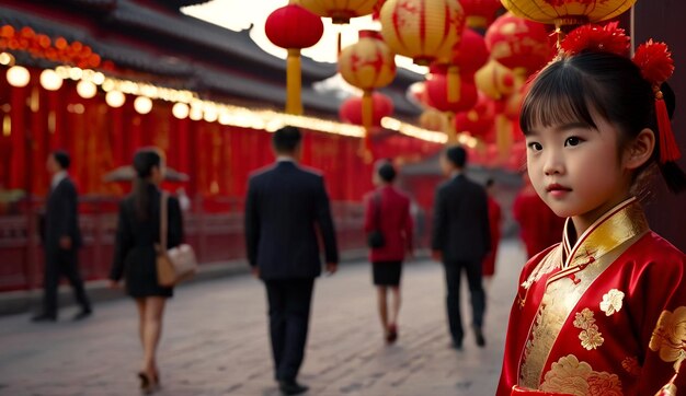 Foto retrato de una hermosa chica asiática en la víspera del año nuevo chino en traje tradicional y angpao