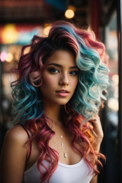 Foto retrato de una hermosa chica con el cabello rizado de colores