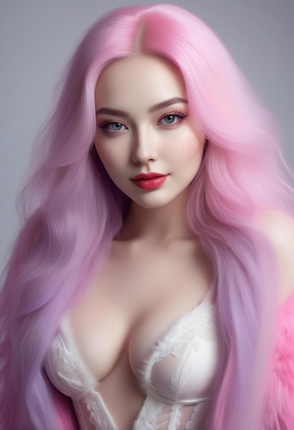 Retrato de una hermosa chica con cabello rosa Belleza y estilo de la moda