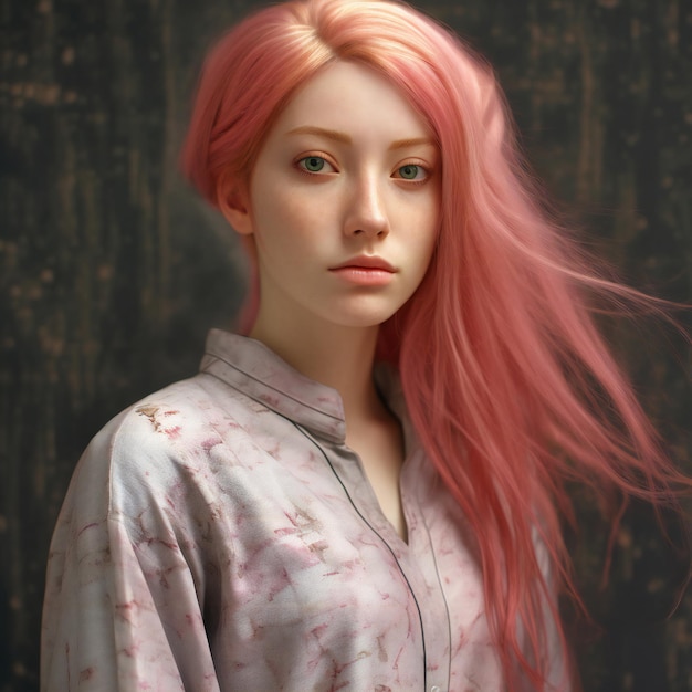 Retrato de una hermosa chica con el cabello rosa sobre un fondo oscuro