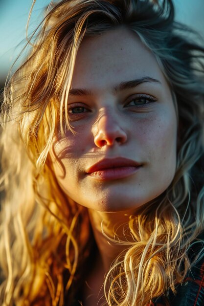 Retrato de una hermosa chica con el cabello rubio largo Closeup