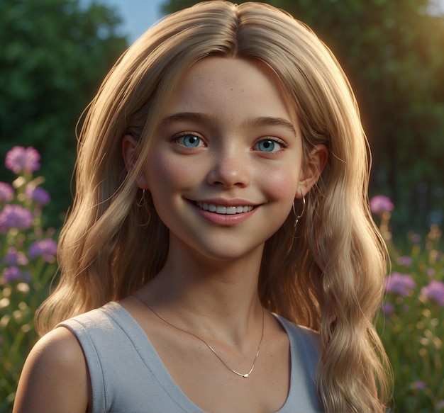 retrato de una hermosa chica con cabello rubio y ojos azules en un parque de verano