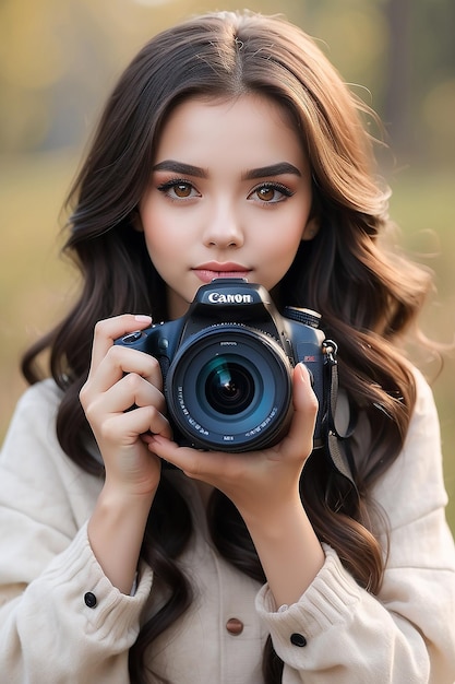 Retrato de una hermosa chica con una cámara en las manos