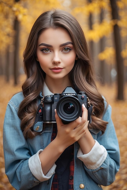 Foto retrato de una hermosa chica con una cámara en las manos