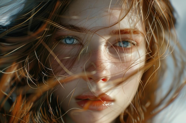 Retrato de la hermosa chica cerca del viento revoloteando el cabello