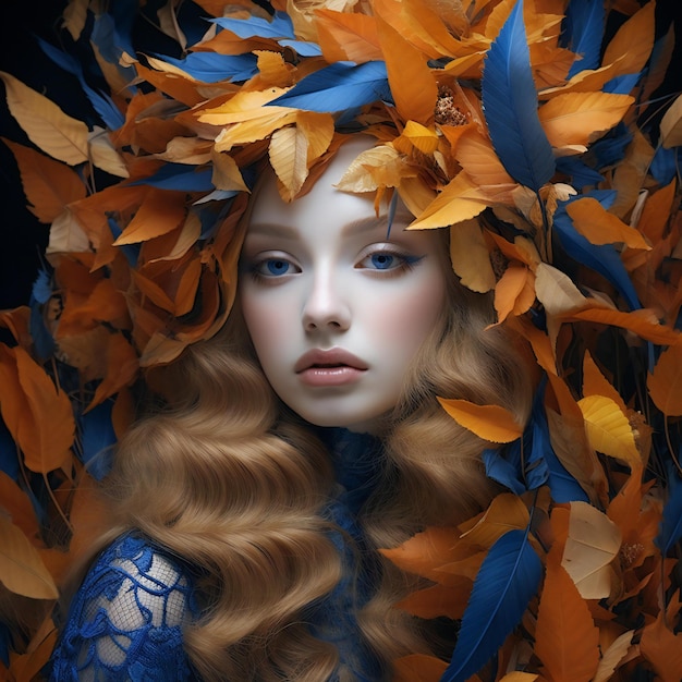 Retrato de una hermosa chica en una corona de hojas de otoño