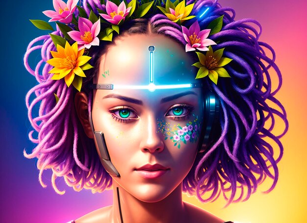 Foto retrato de una hermosa chica cyborg con flores en la cabeza mujer robot con arreglos de flores en la testa ia generativa