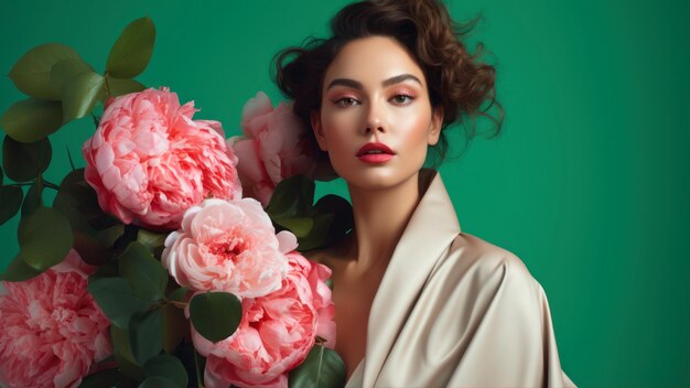 Retrato de una hermosa chica con flores de peonía en el cabello