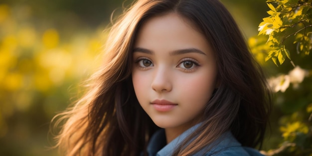 Un retrato de una hermosa chica en un fondo borroso de la naturaleza