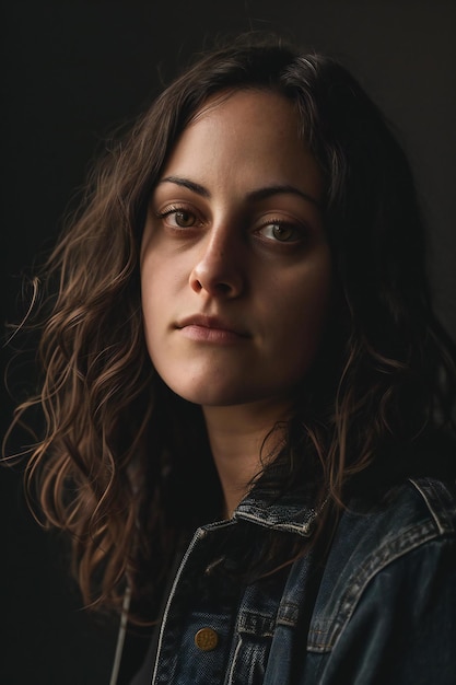 Retrato de una hermosa chica en un fondo oscuro con ropa de denim