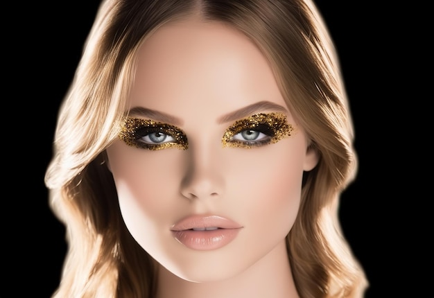 Retrato de la hermosa chica con fotografía de maquillaje dorado.