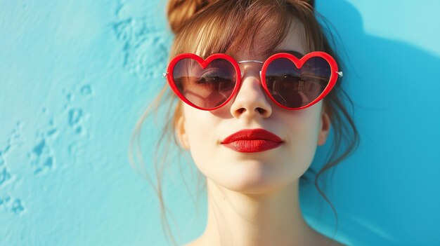 Retrato de una hermosa chica con gafas de sol en forma de corazón en una pared azul