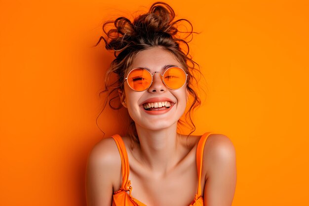 Retrato de una hermosa chica con gafas de sol naranjas sobre un fondo amarillo