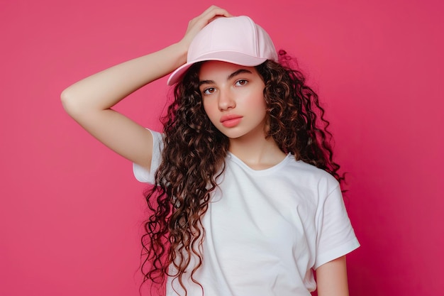 Retrato de una hermosa chica con una gorra sobre un fondo rosa