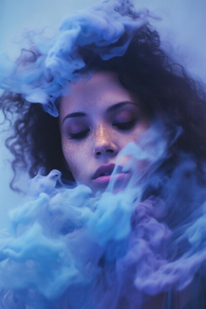 Foto retrato de una hermosa chica con humo de colores