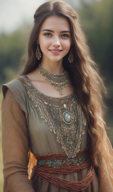 Retrato de una hermosa chica joven con el pelo largo en un vestido marrón