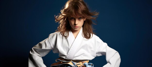 Foto retrato de una hermosa chica de karate sobre un fondo azul